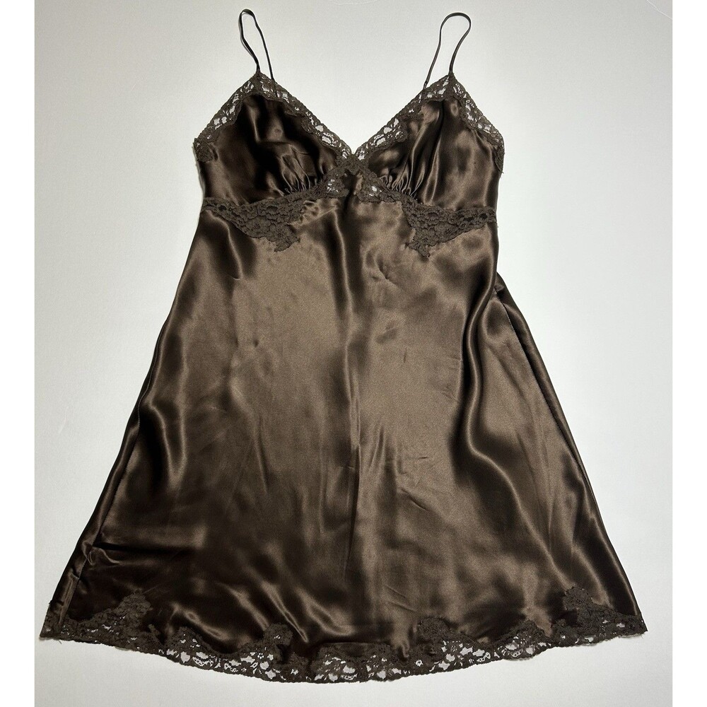 Vintage y2k Leigh Bantivoglio Chocolate Brown Chemise NightGown 100% Silk EUC